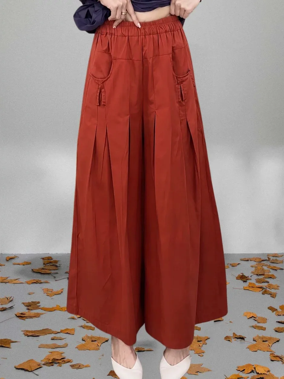 Summer New Style Wide Leg Pants Women's Light Coffee Color Drape Elastic Waist Casual Long Trousers Retro Style Polyester Fiber