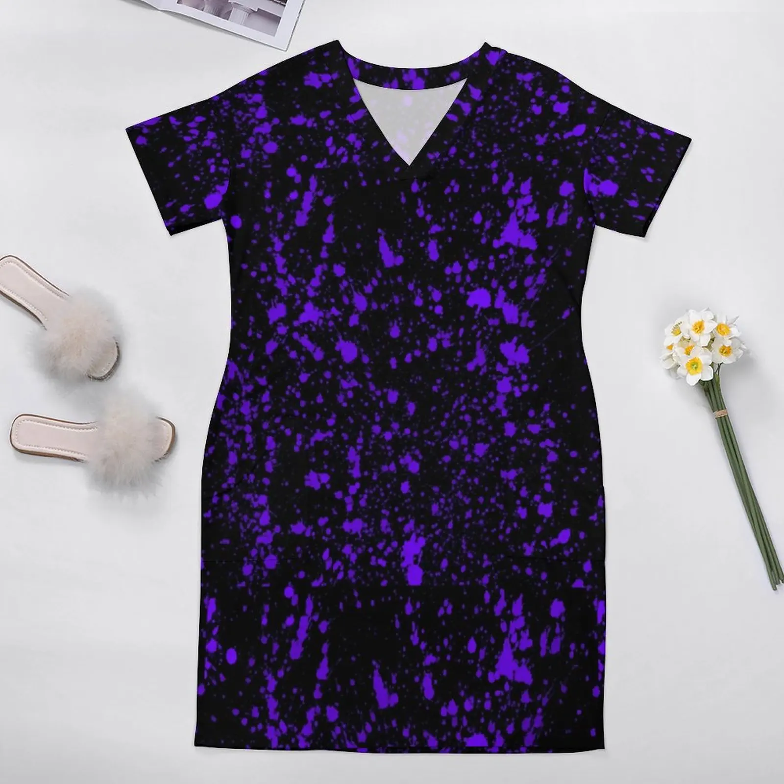 Purple Paint Splatter Casual Dress Holiday Abstract Graffiti Kawaii Dresses Female V Neck Graphic Streetwear Dress Plus Size