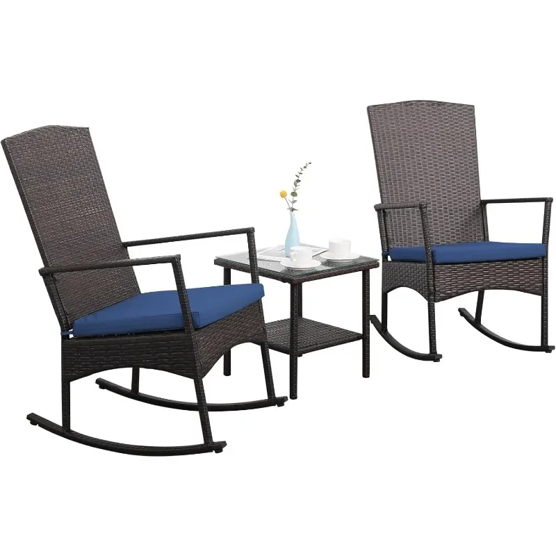 

Outdoor Rocking Chair 3 Piece Porch Chairs PE Wicker Patio Bistro Set Brown Rattan Furniture Sets with Coffee Table