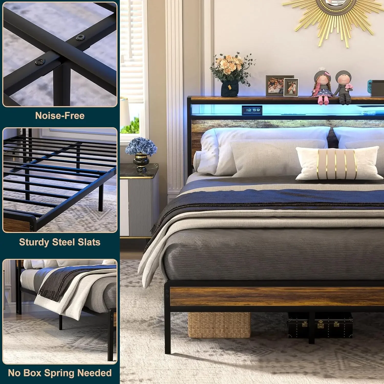 Queen Size Bed Frame with Charging Station and Led Lights, Industrial Platform Bed with Storage Headboard, Steel Slat S