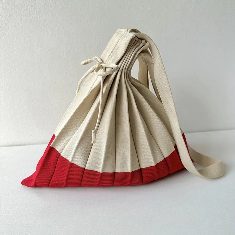Handbag Knit Folding Shopping Bag Large Capacity Shoulder Pouch Foldable Eco Bag Eco-Friendly Contrast Color Pleated Bag Outdoor