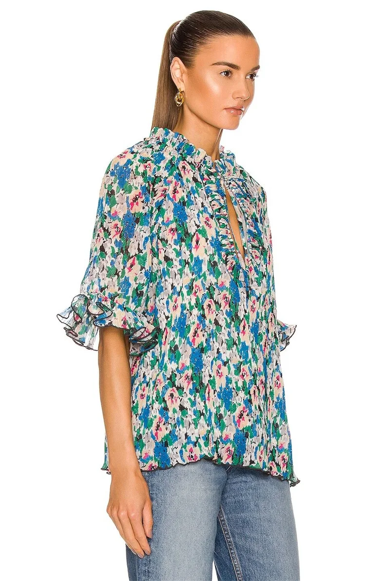 2023 Fashion grace blue printed shirt office lady chiffon blouse 5XL 4XL New Spring Autumn runway style pleated flower tops