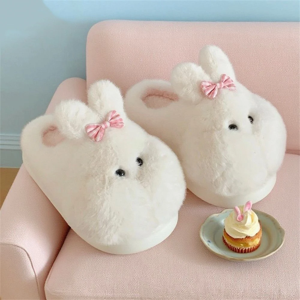 

New lovely fat puffy rabbit slippers women winter cozy home shoes young girls warm bedroom furry slides fluffy bunny slippers