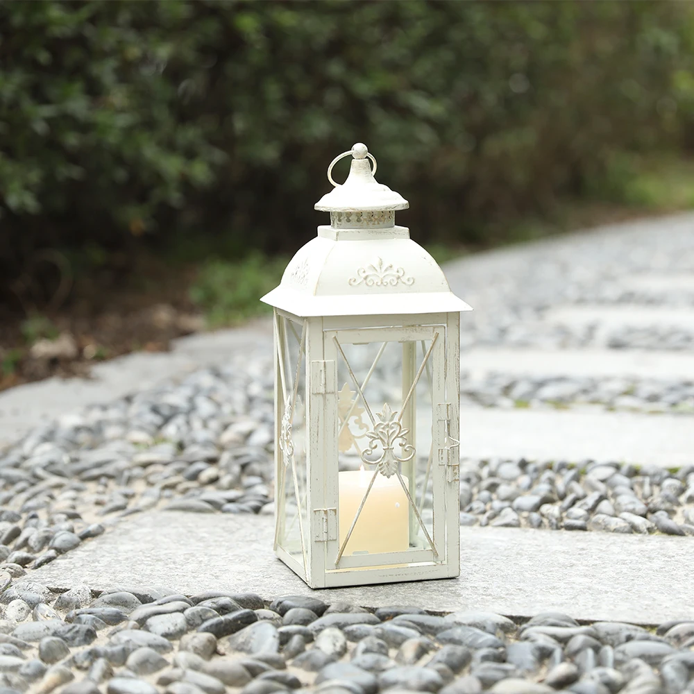 Vintage Metal Candle Holder Lantern Hanging Lantern White Lanterns with Glass for Living Room Garden Patio Parties Home Decor