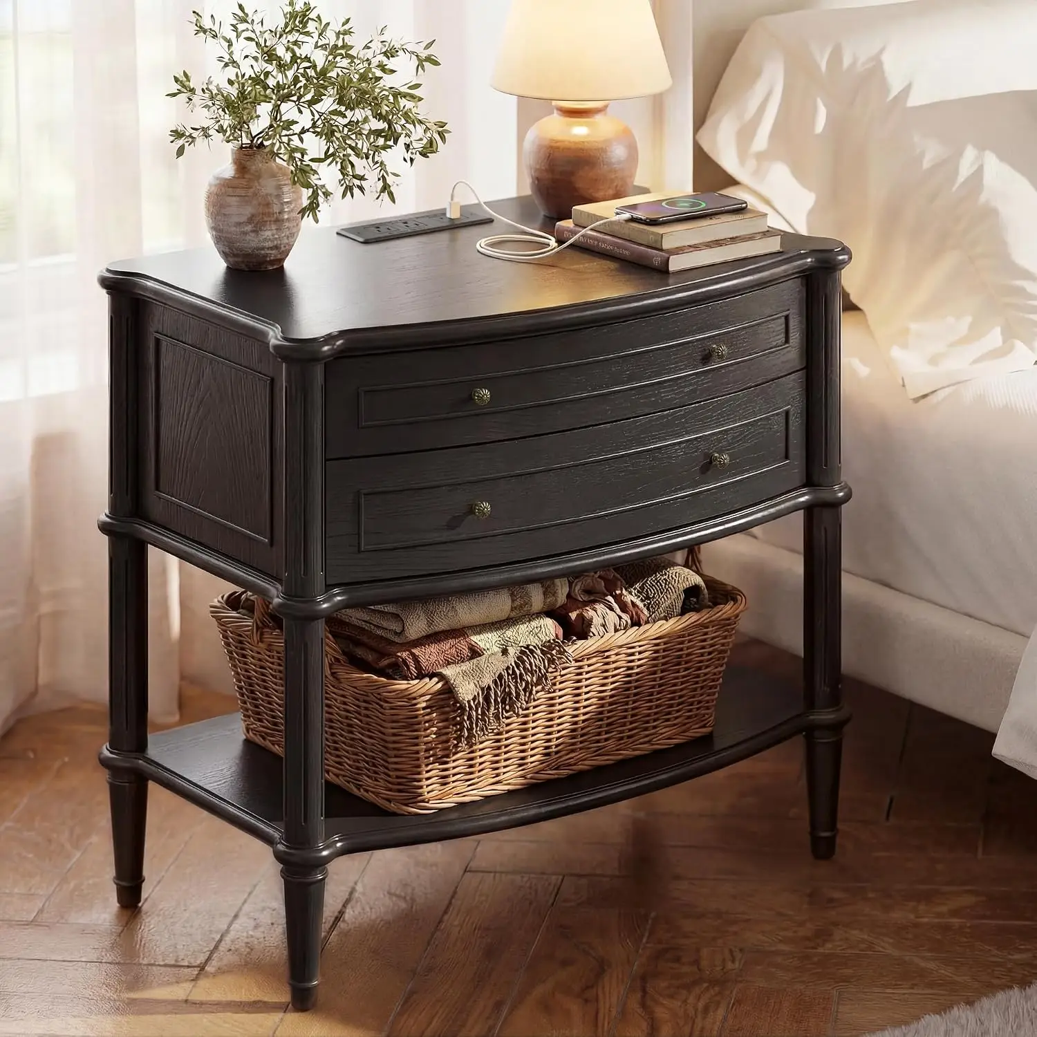 Nightstand W/Charging Station & 2 Drawers, Side Table W/Antique Pulls, Wood End Table W/Turned Legs For Bedroom, Customized