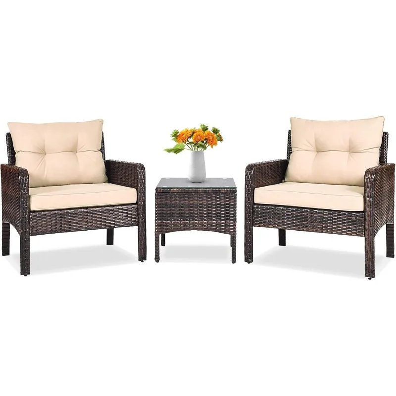 3-Piece Outdoor Patio Furniture Set for 2, Wicker Chairs, Coffee Table with Glass Top, Thick Cushions