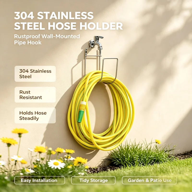 Garden Wall Mounted Hose Holder Rack - 304 Stainless Steel Dual-Purpose Water Pipe Storage Organizer for Home and Yard Use