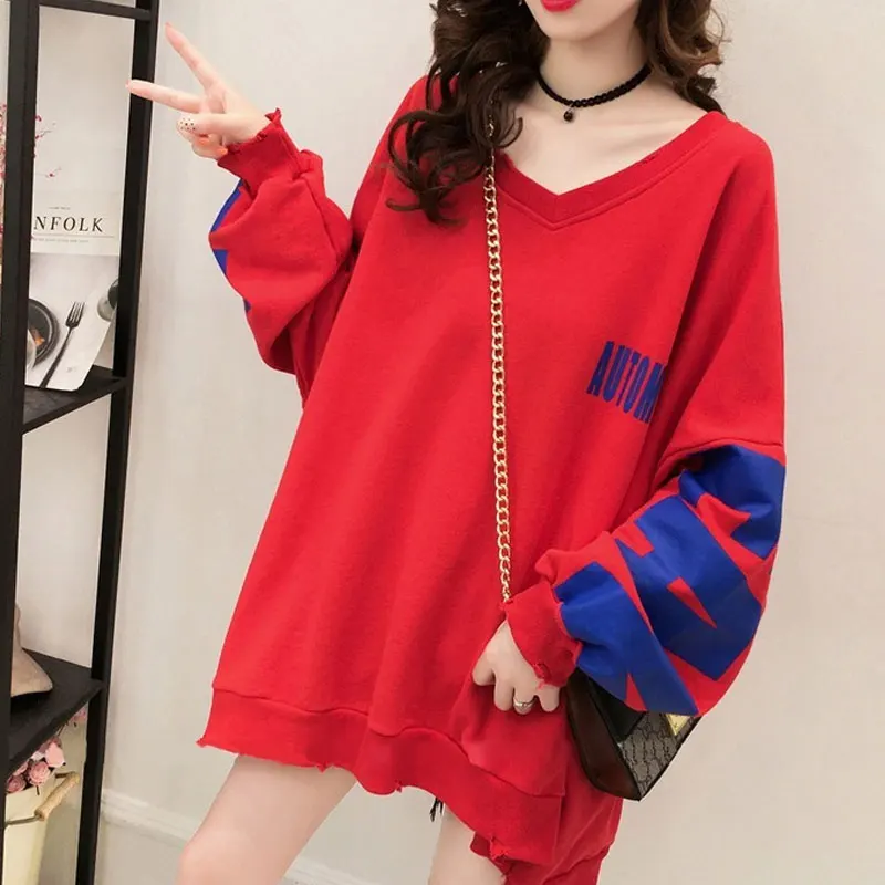 Women\'s Clothing 2023 New Solid Color Letter Casual V-neck Long Sleeve Pullovers Streetwear Fashion Loose Autumn Thin Hoodies