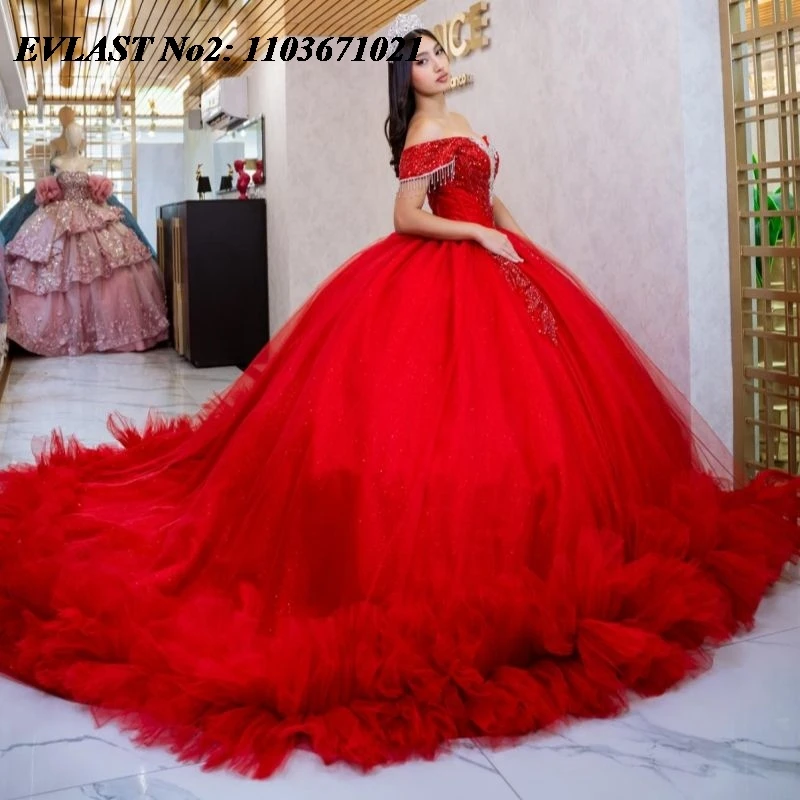Evlast personalizado mexicano vermelho quinceanera vestido fora do ombro apliques de cristal frisado babados doce 16 vestidos 15 anos e2qa132
