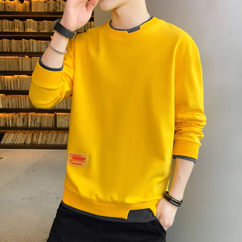 Fashion O-Neck Spliced Fake Two Pieces Casual Sweatshirts Men Clothing 2024 Spring New Loose Korean Tops All-match Sweatshirts