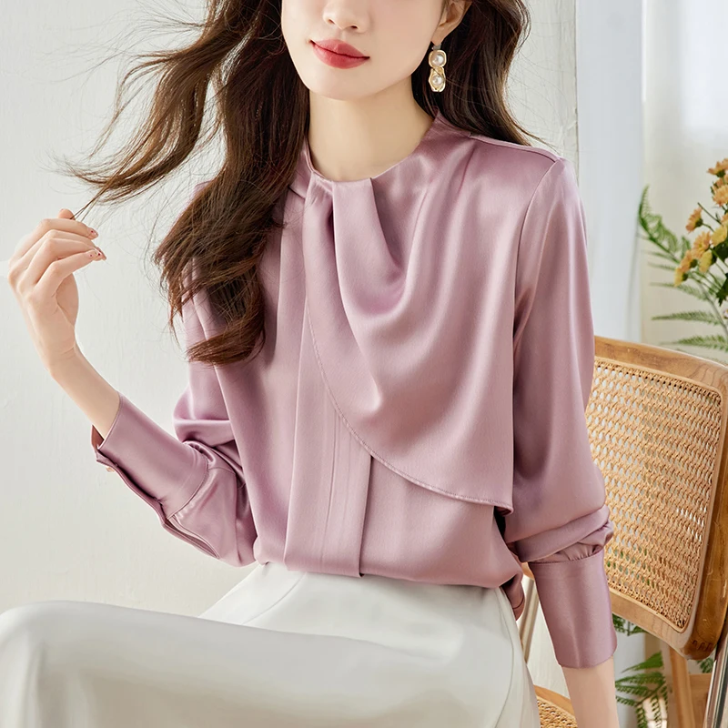 QOERLIN Stylish Designer Pink Blouse Women 2024 O-Neck Loose Casual Long Sleeve Tops Shirts Korean Fashioin Elegant Office Cloth