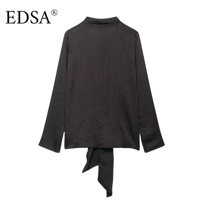EDSA Women Coffee Scarf Collar Shirt with Bow Long Sleeves for Female Blouse Summer Autumn Tops