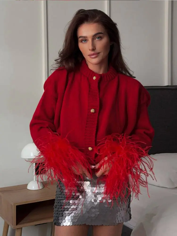 Casual O-neck Spliced Feather Knitted Cardigan For Women Fashion Single Breasted Long Sleeved Red Sweater Autumn Lady Outerwear