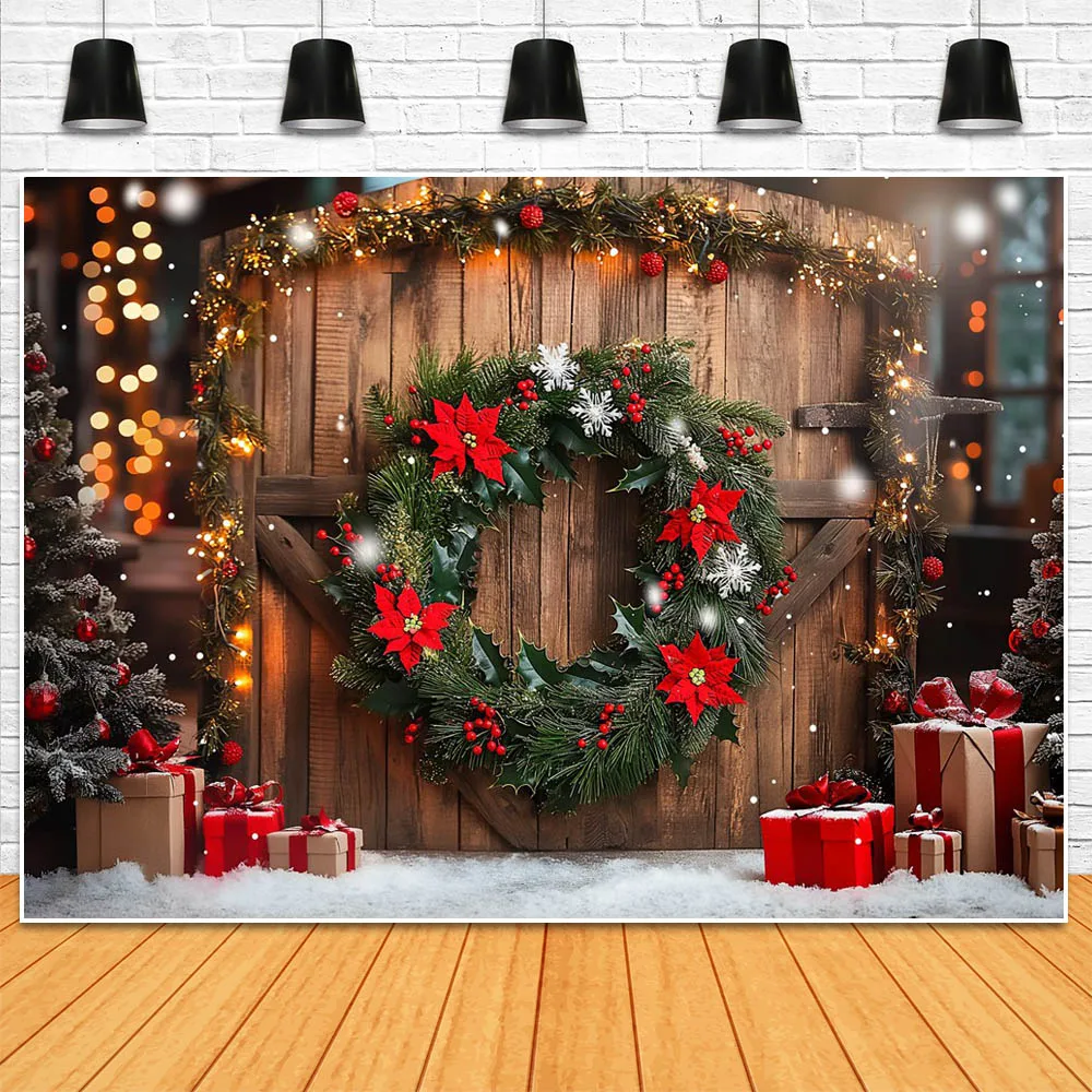 Mocsicka Christmas Wooden Door Photography Backdrops Wreath Xmas Tree Snow Winter Outdoor Portrait Photo Background Studio Props