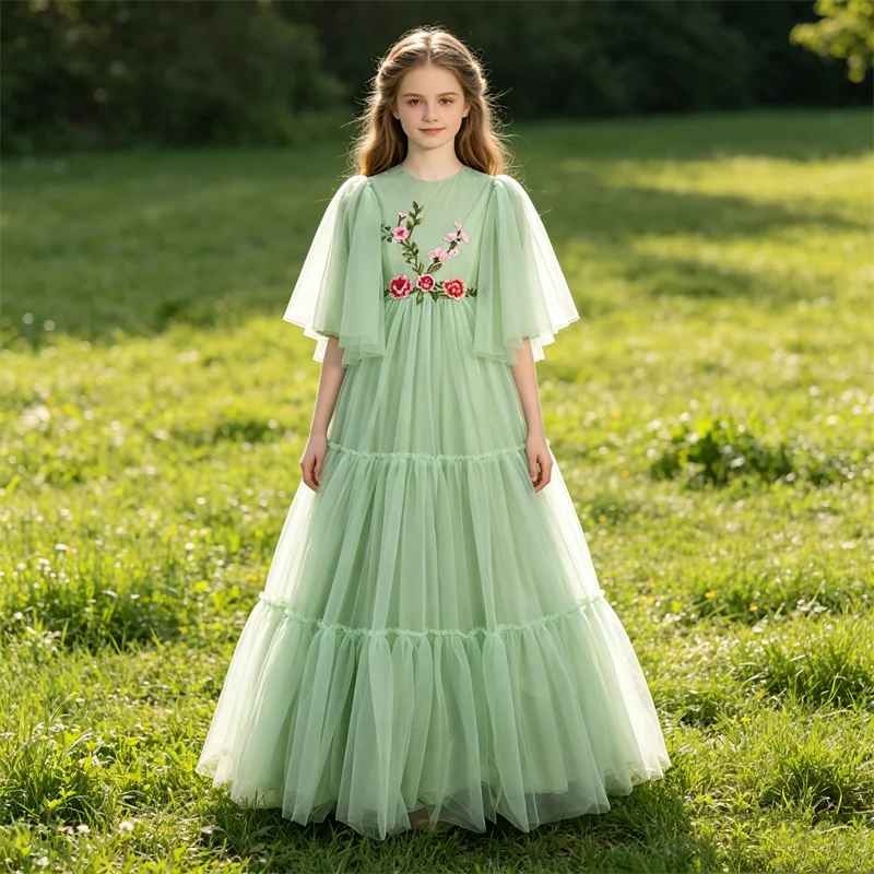 Echtes Foto, maßgeschneidertes Blumenmädchenkleid, grün, schlicht, O-Ausschnitt, 3/4-Ärmel, vollständig gefüttert, Reißverschluss hinten, A-Linie, bodenlang, Kinderkleid