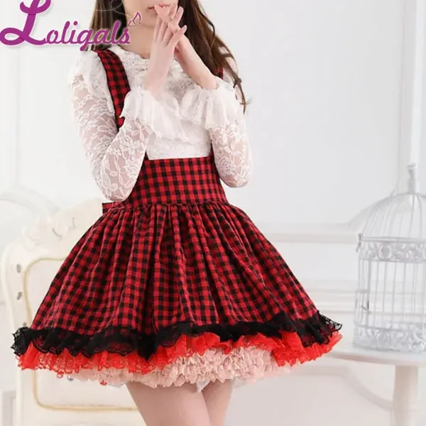 Sweet Japanese Style Super Adorable Red and Black Plaid Pleated Lace Jumper Skirt