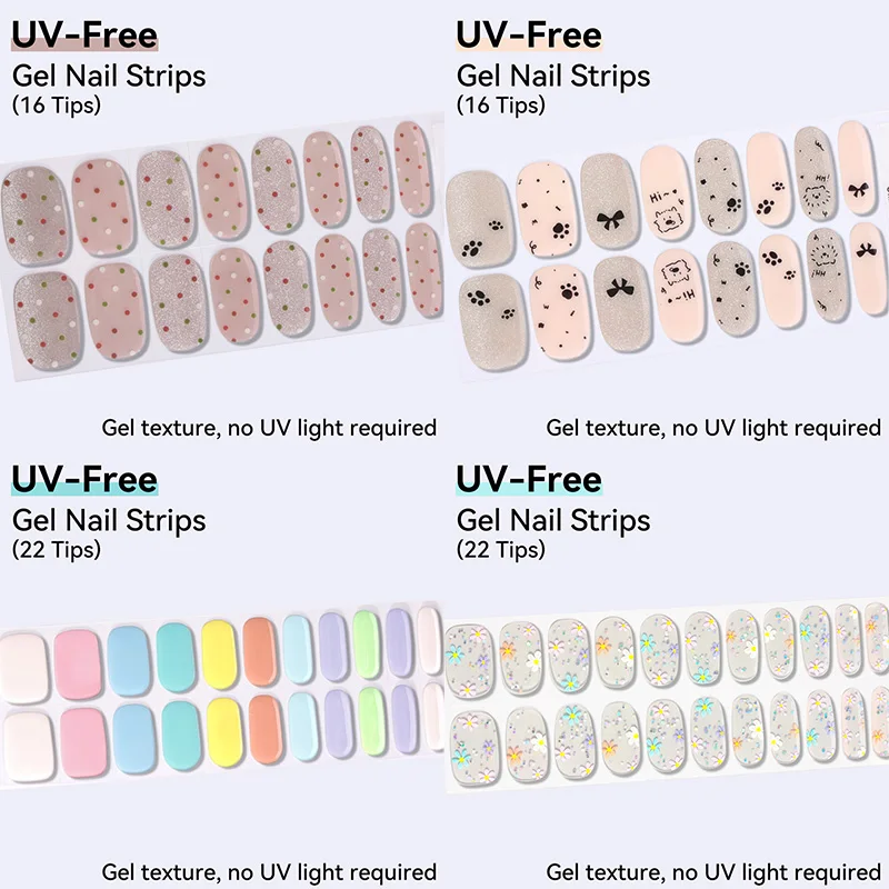 16/22Tips Bake-free Cute Cartoon Gel Nail Strips Colorful Floral Full-Coverage Nail Wraps For Women Girls Manicure Art Supplies