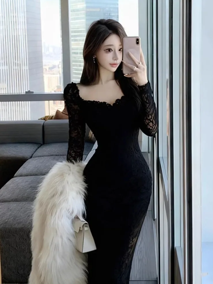 

Ele Bla Lace Dr Женская осенне-зимняя длинная облегающая юбка с квадратным воротником и завязкой на талии Ciwalk Daily ...