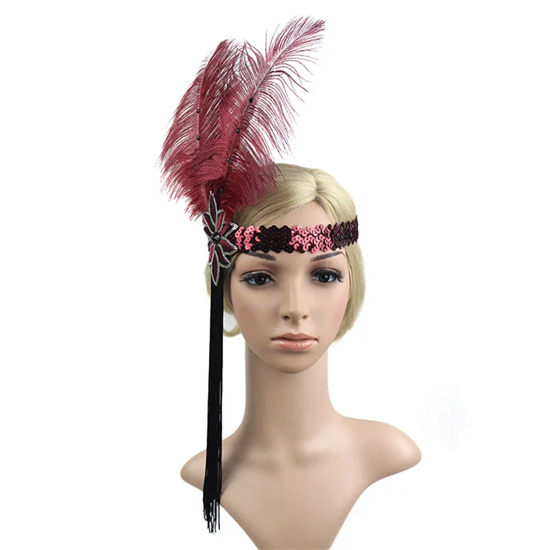 1920s Feather Headband Charleston Costume Great Gatsby Flapper Black Headpiece Elegant Beaded Headband with Tassel