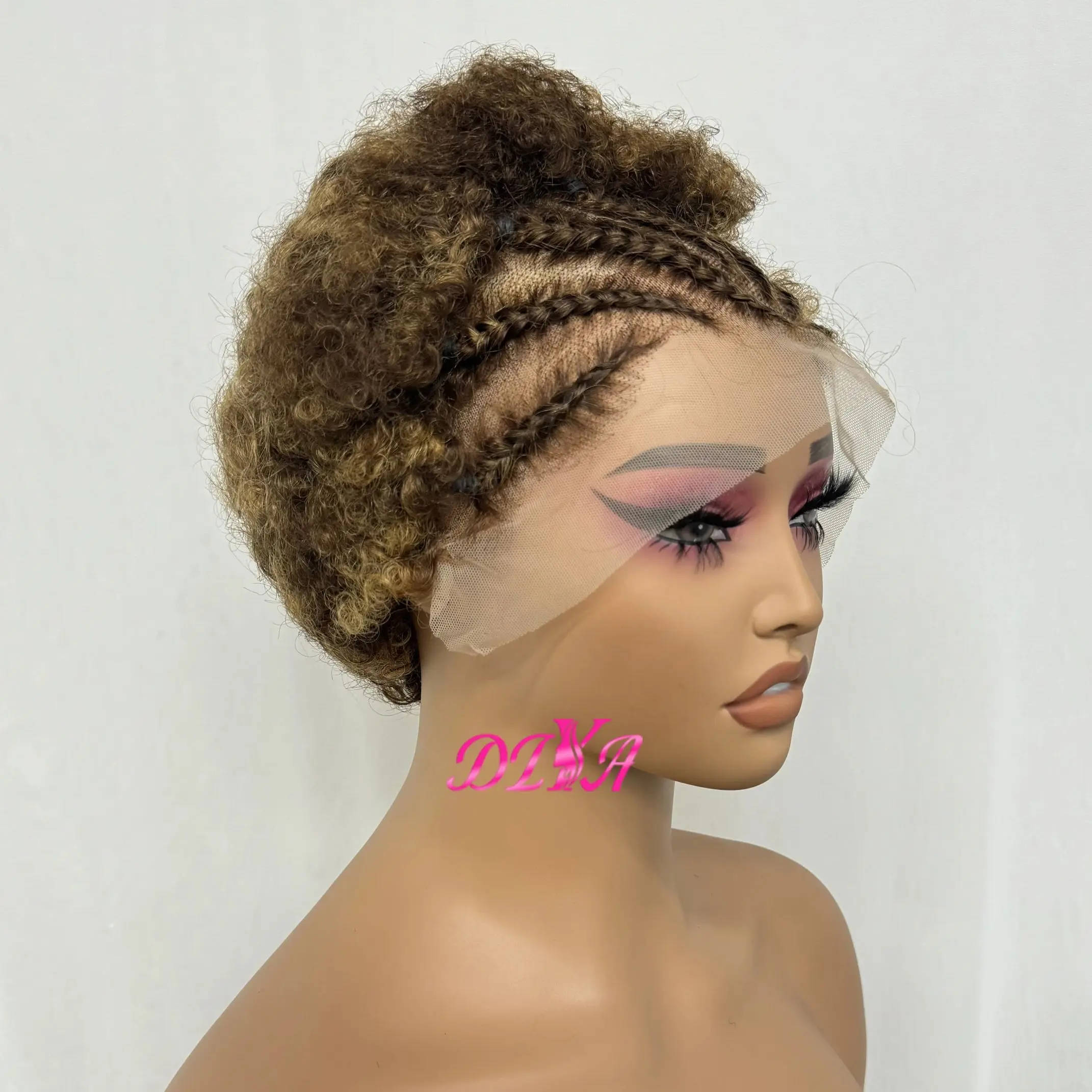 250% Density 4/30 Highlight Afro Kinky Curly Bouncy Human Hair Wig with Braids 13x4 Transparent Lace Frontal Wig for Black Women
