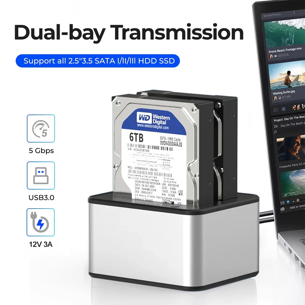 

Dual-bay Hard Drive Station USB3.0 5Gbps HDD Docking Station Hard Drive Enclosure 12V 3A Power Adapter for 2.5/3.5 Inch HDD/SSD