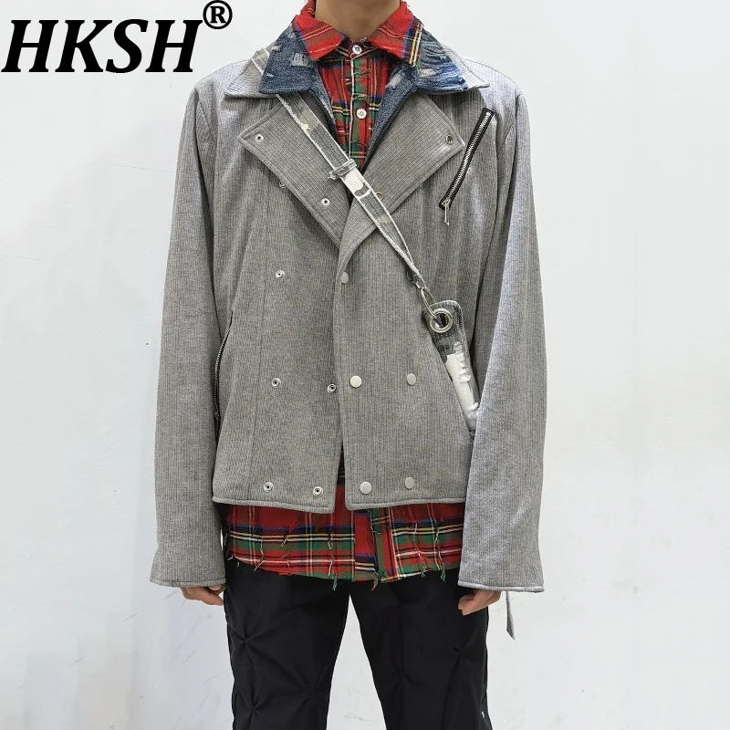 

HKSH Spring Autumn New Men Fake Three-Piece Vintage Plaid Patchwork Frayed Zippers Short Jacket Trend Fashion Punk Coats HK16697