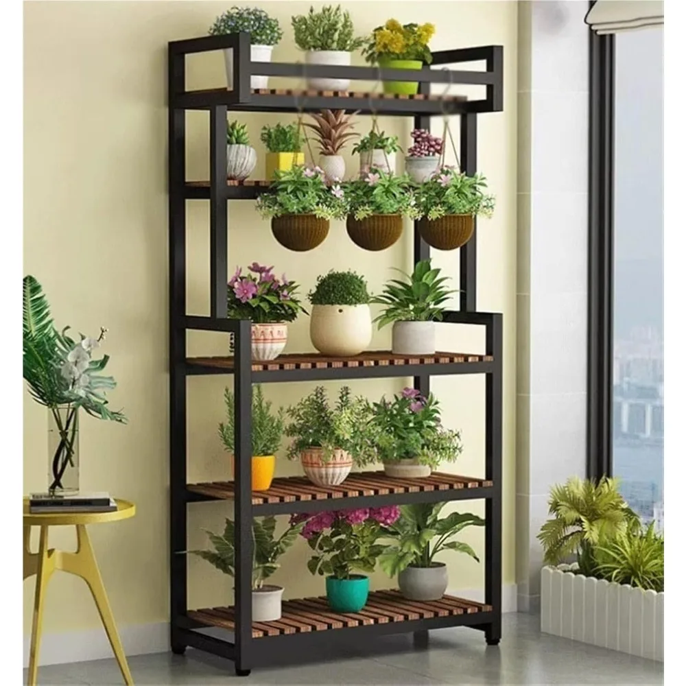 

Plant Stand Tall Plant Stand with Hanging Bar Garden Large Succulent Stand Metal & Wood Flower Rack Multiple Display Holder