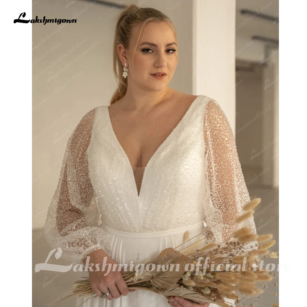 Lakshmigown Boho Chiffon Pailletten-Hochzeitskleid in Übergröße, V-Ausschnitt, Brautkleid mit langen Puffärmeln, rückenfreies A-Linien-Brautkleid – Detail 7