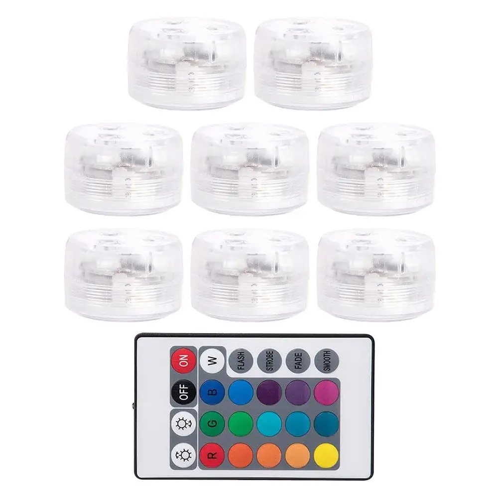 

8Pcs Waterproof Submersible LED Lights Remote Control Pool Pond Fountain Lights IP68 Rated 16H Included
