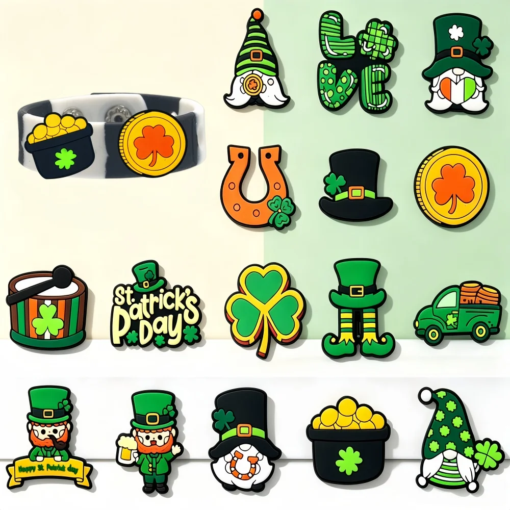 17Pcs ST.Patricks Day Green Lucky Shoe Charms,Kawaii Green Charms and One Wristband For Party Favors Birthday Gifts