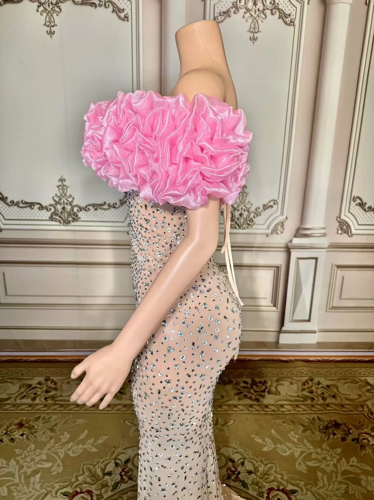Sexy Sparkly Multicolor Rhinestones Sleeveless Mesh Transparent Short Dress Women Birthday Celebrate Prom Dance Dress Plus Size