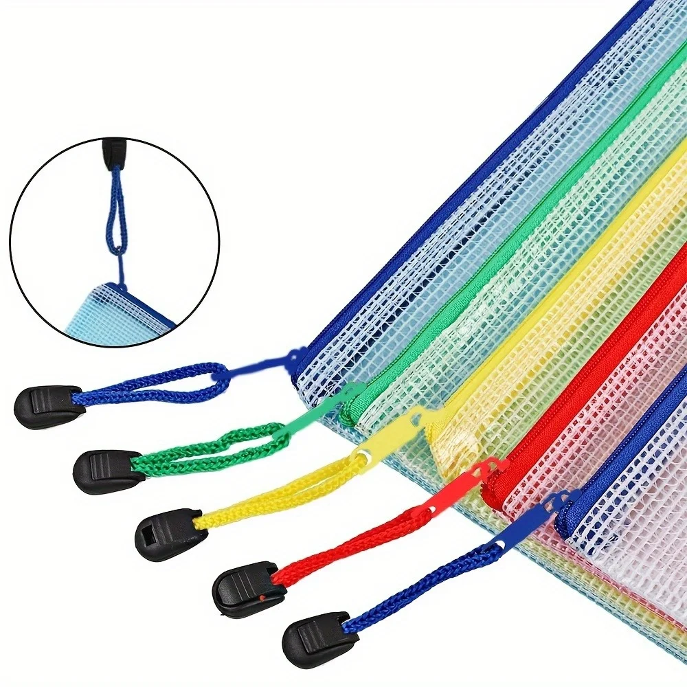 3 sacos do zíper da malha do cor aleatória dos pces a4, malotes transparentes do organizador do documento, sacos impermeáveis do armazenamento do arquivo para o escritório, escola