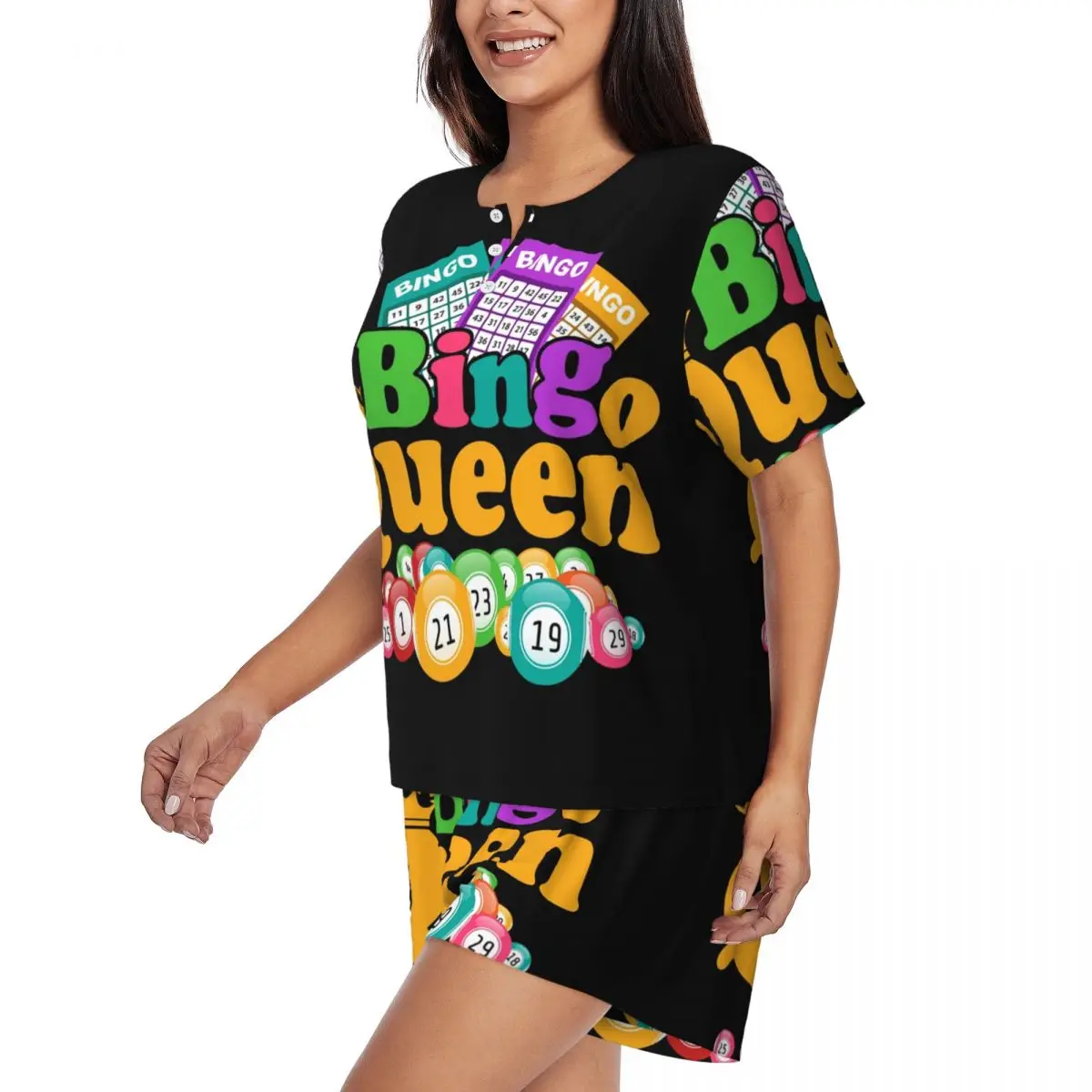 Custom Bingo Queen Game Lover Pajamas Set for Women 2 Piece Short Sleeve Sleepwear Loungewear PJ Shorts Sets