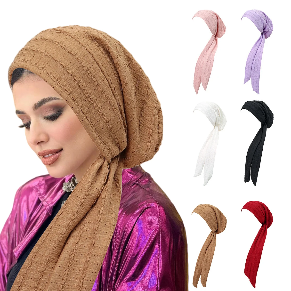 

Ramadan Solid Color Crinkle Turban Hijab Hats Long Tail Head Wraps Soft Strech Muslim Hats Breathable Chemo Cap For Women Girls