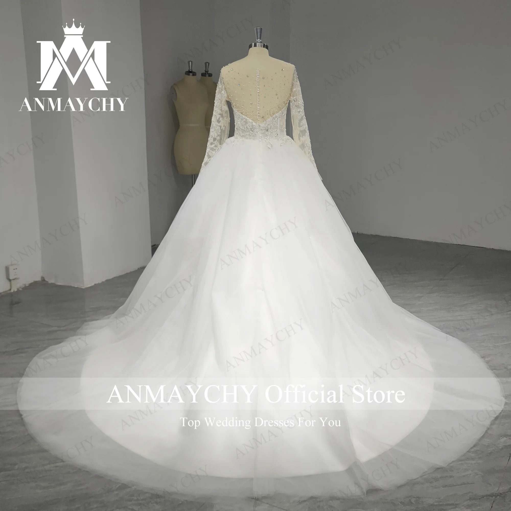 ANMAYCHY A-Line Wedding Dresses For Women 2023 Long sleeve Sweetheart Appliques Pearls Real Show Wedding Gown Vestido De Novia