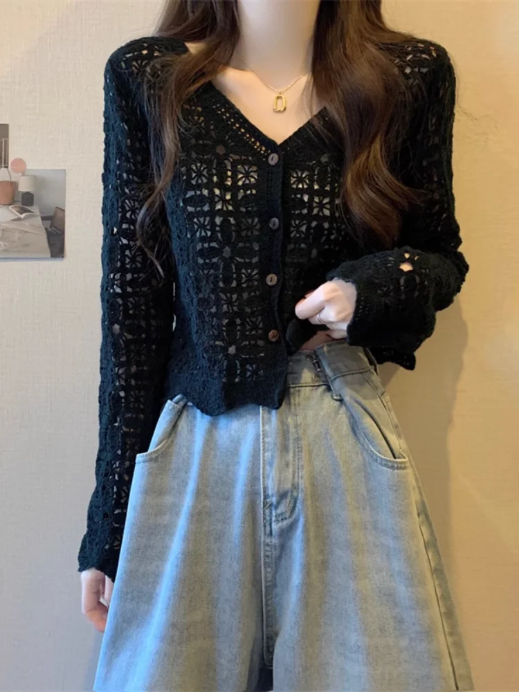 Cardigan fin brodé à crochet pour femmes, ajouré, coréen, v-ne, Long, coupe ample, manteau en Fiber de Polyester