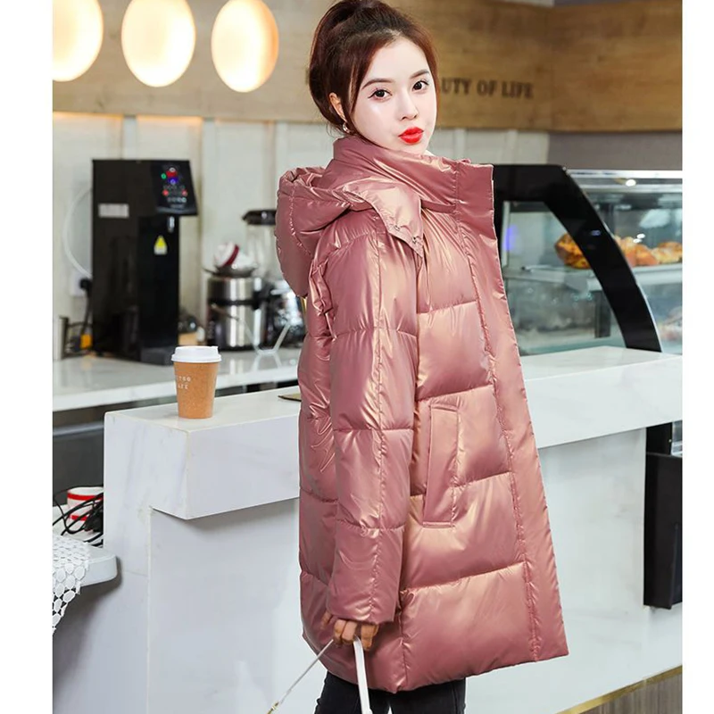 أسفل معاطف القطن للنساء 2025 جديد متوسطة طويلة مبطن سترات دافئة لامعة ملابس خارجية غير رسمية فضفاضة الشتاء يندبروف جيب سترة #3