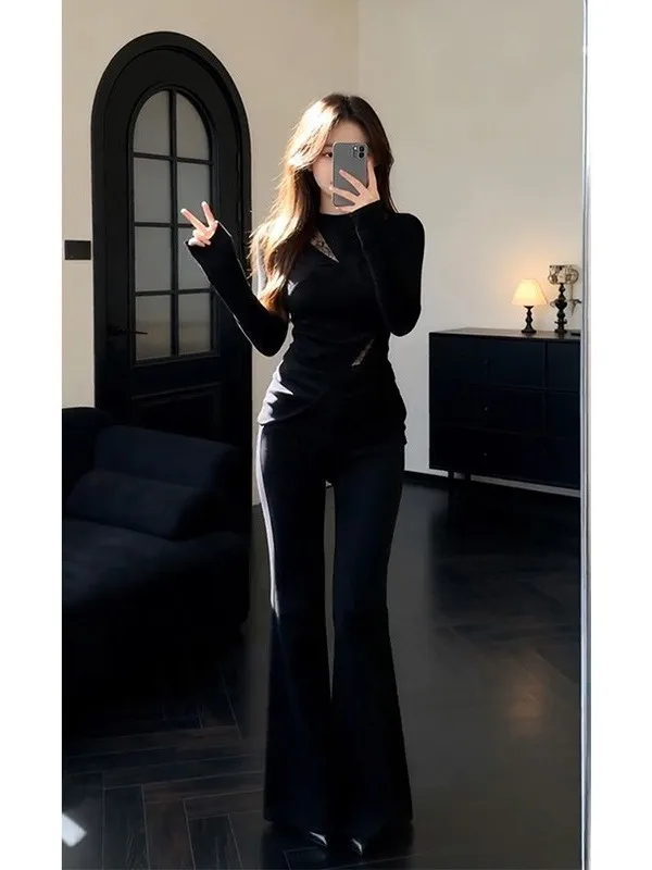 Black Lace Splice Long Sleeve round Neck Asymmetric T-Shirt Women's Winter New Style Cleanfit Waist Cinched Top for Teens
