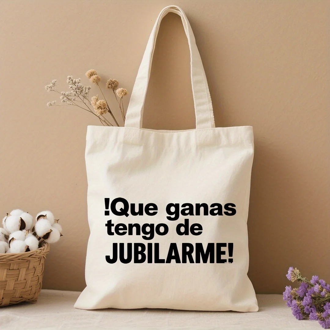 A Retirement Spanish Quotes Pattern Print Canvas Tote Bag, Suitable for Daily Use, Shopping, School, and Travel