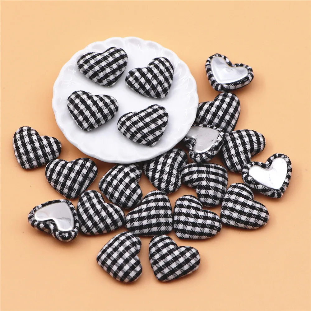 50pcs 17mm Black+White Lattice Fabric Covered Heart Buttons Home Garden Flatback Cabochon Crafts Scrapbooking DIY