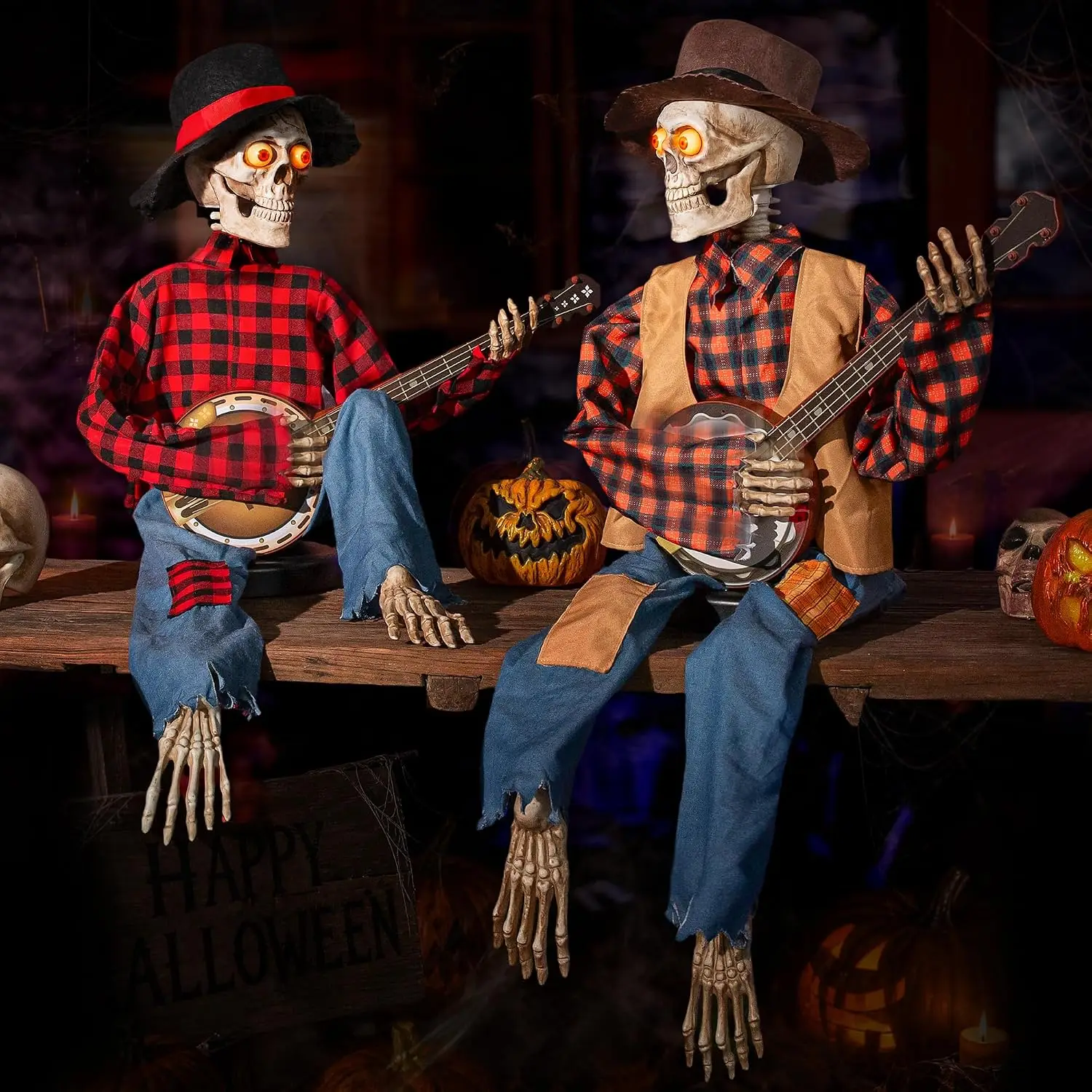 Halloween Animatronic Skeleton Duo Decoration, Sound-Activated Talking Skull Prop with Funny Voice & Light-Up Eyes, Musical Plug-In Powered Indoor Outdoor Yard Lawn Display 2