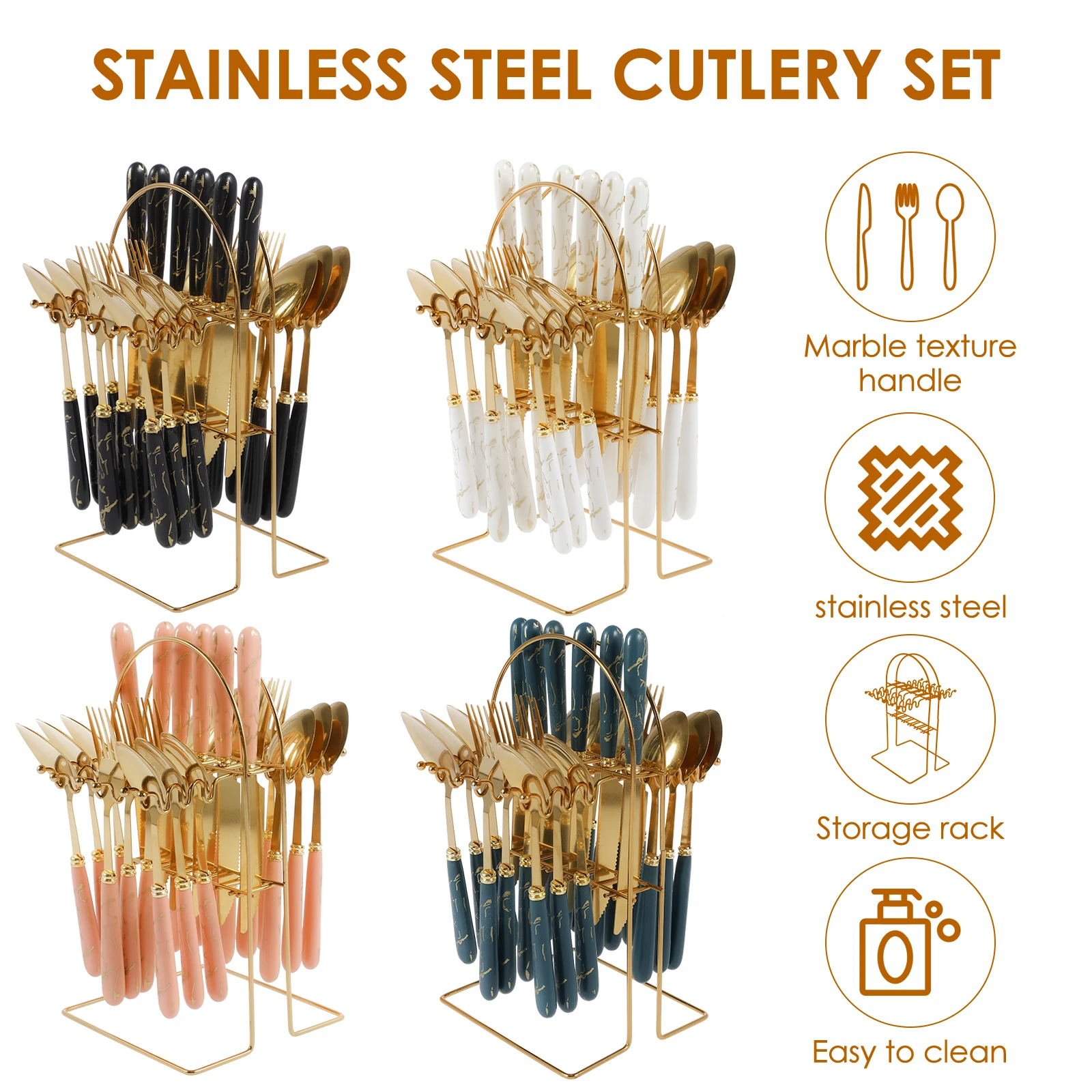24Pcs Stainless Steel Silverware Set with Hanger Knife Fork Spoon Western Cutlery Set Mirror Polished Kitchen Supplies Home Gift