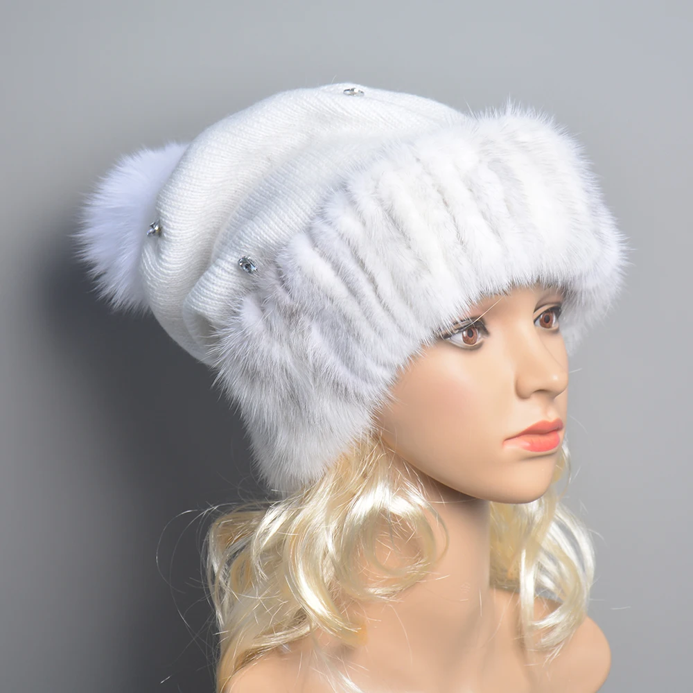 Top Quality Women\'s Winter Knitted Wool Belend Patchwork Real Mink Fur Hat Cap Natural Fox Fur Pom Poms Beanie Lady Fashion