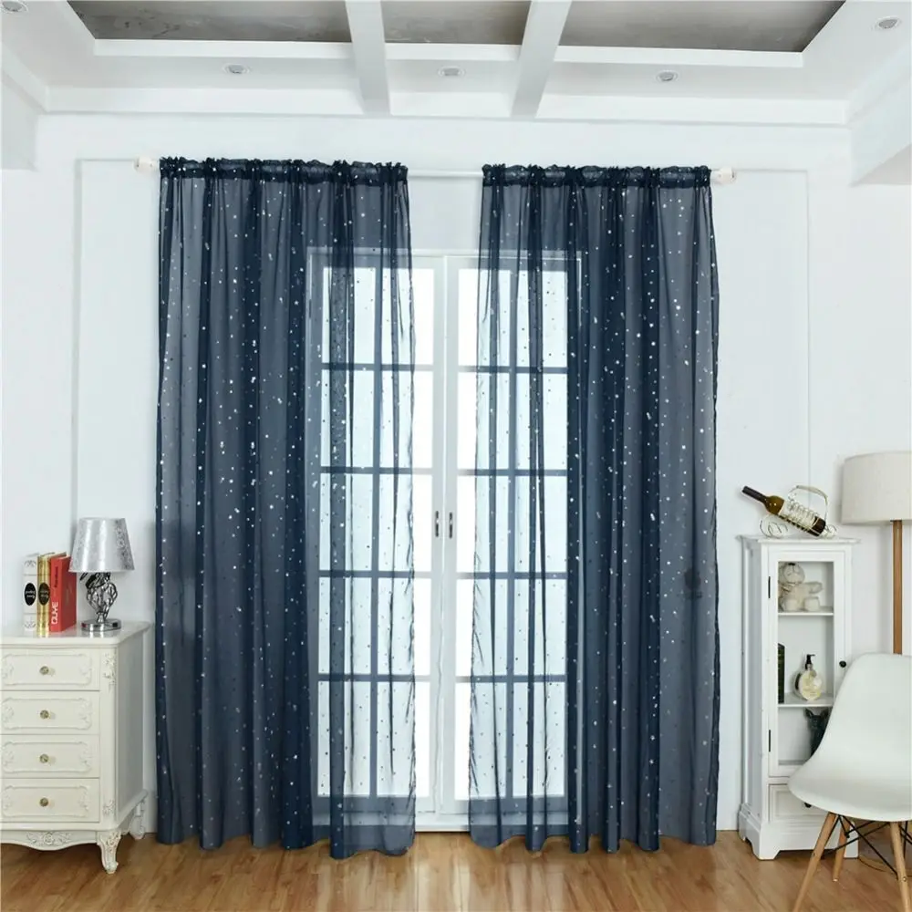Romantic Polyester Curtain White Navy Blue Star Print Tulle Curtain Light Filtering Tulle Voile Curtain Window Treatment