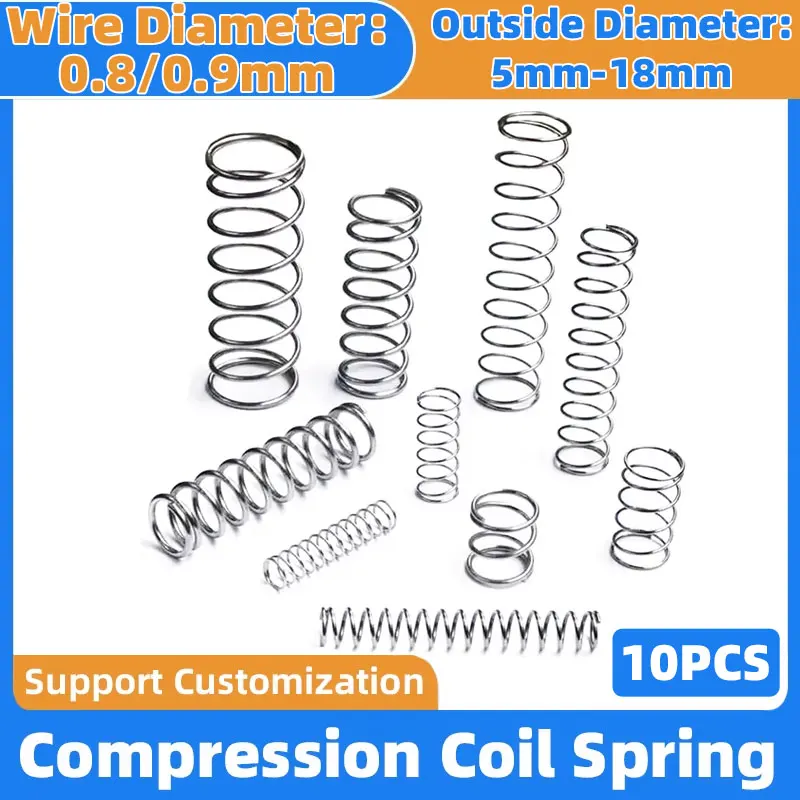 

10 шт. возвратная пружина, пружина давления, выпускная пружина, сжатая пружина, диаметр проволоки 0,8/0,9 мм, внешний диаметр 5-18 мм, длина 10-50 мм