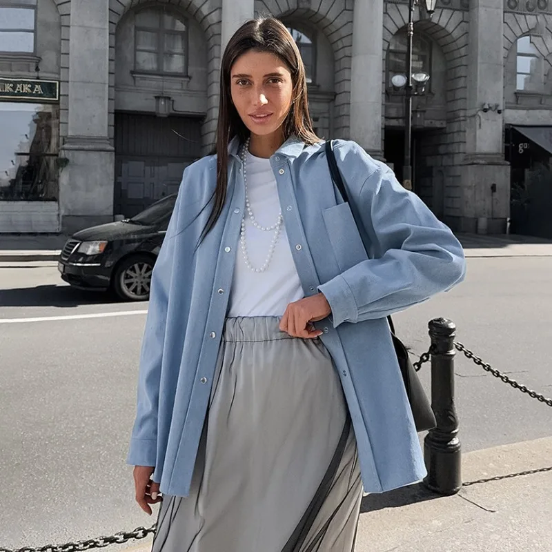 Womens Blue Cotton Lapel Collar Long Sleeve Slouchy Casual Jacket Coat Outerwear Spring Fall 2026 New Trendy Elegant Classy Chic