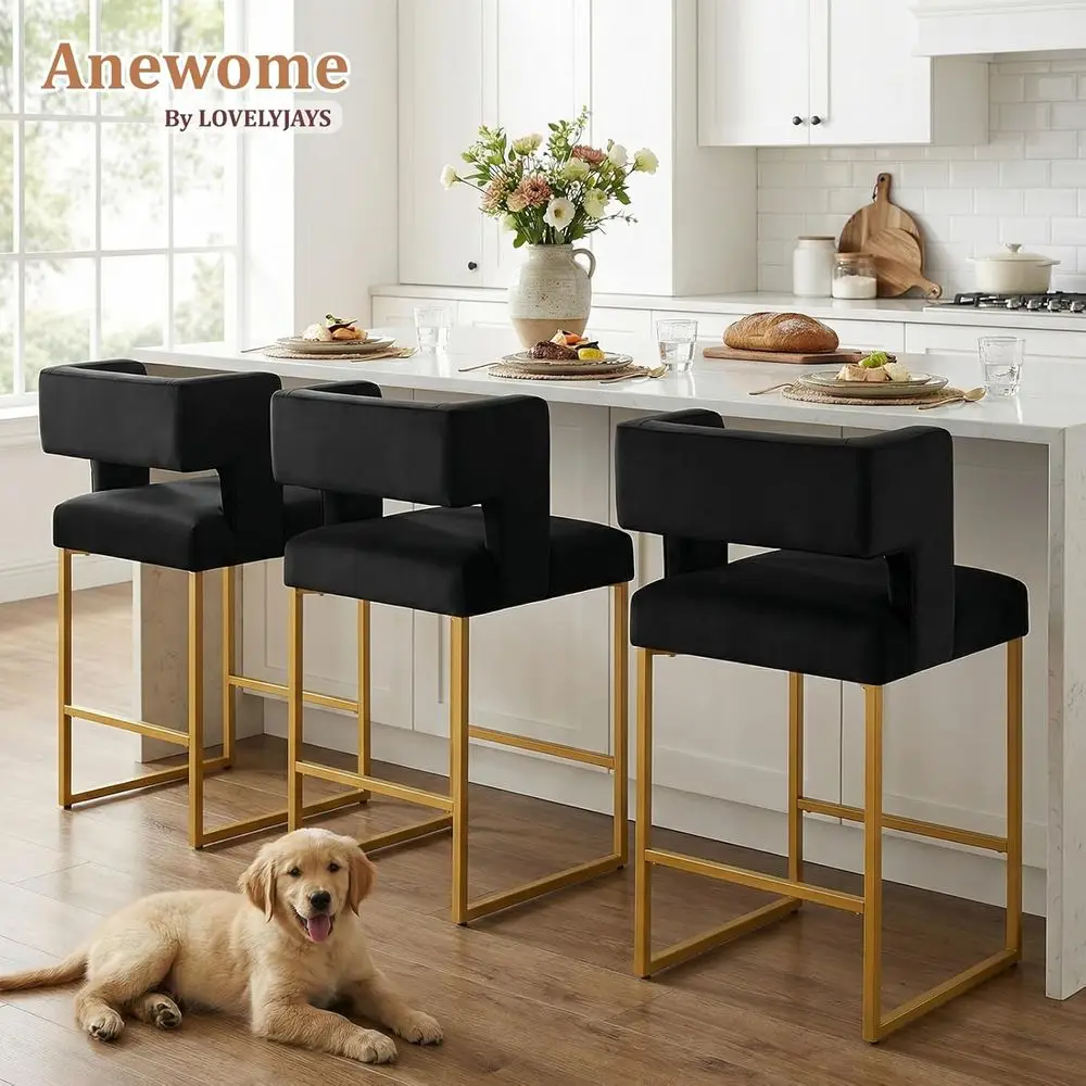 Set of 2 Velvet Upholstered Counter Height Bar Stools with Backs and Arms, Black & Gold Legs - view 3