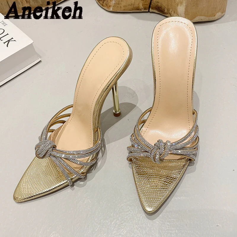 Aneikeh Silver Strap rhinestone heel Mules 2024 Spring New pointed end Sexy High Heel Thin Strap Woman Sandals Dinner Shoes