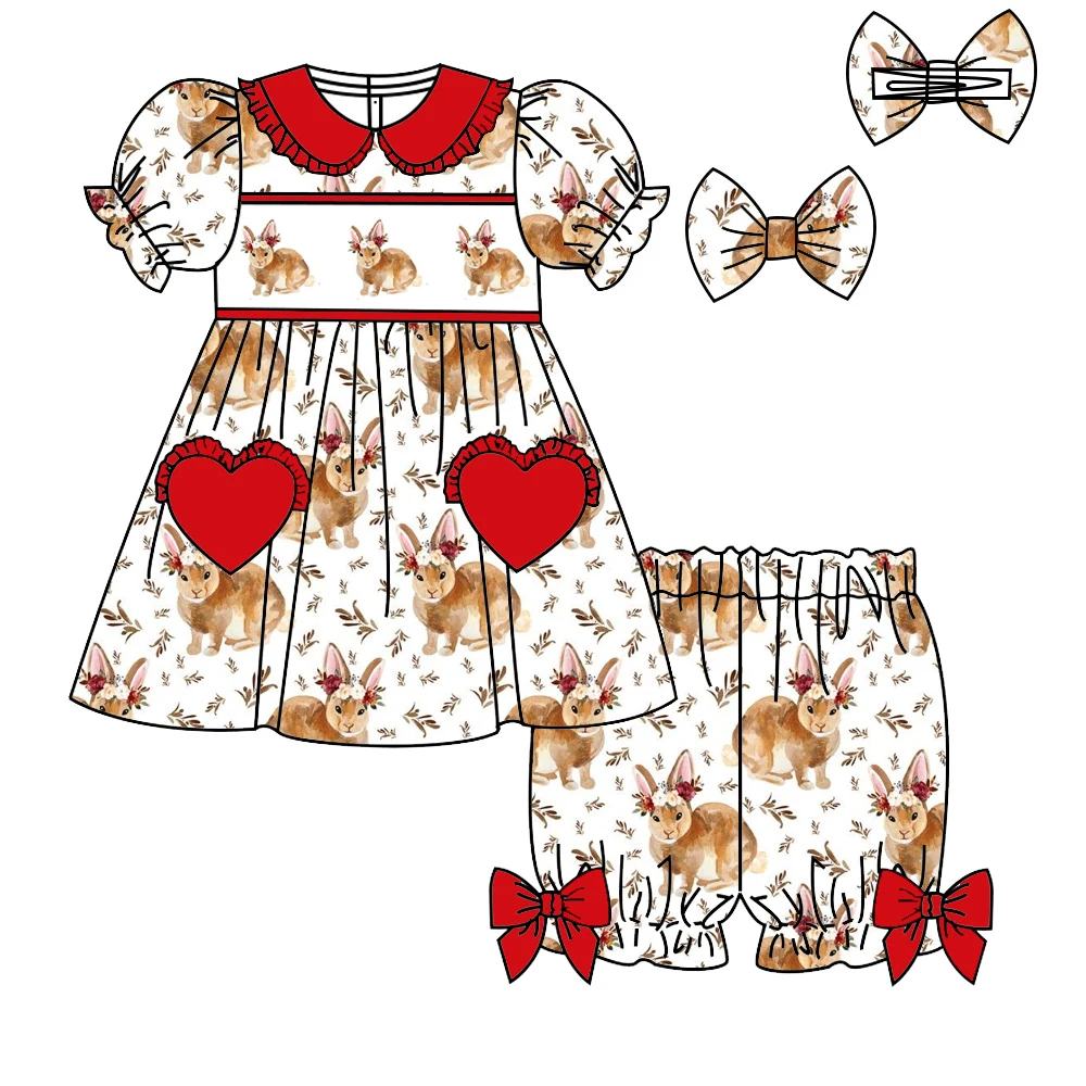 Easter Girl Series Short Sleeve Shorts Bow Girl Suit Bunny Bow Plaid Print Boutique Children's Suit 4