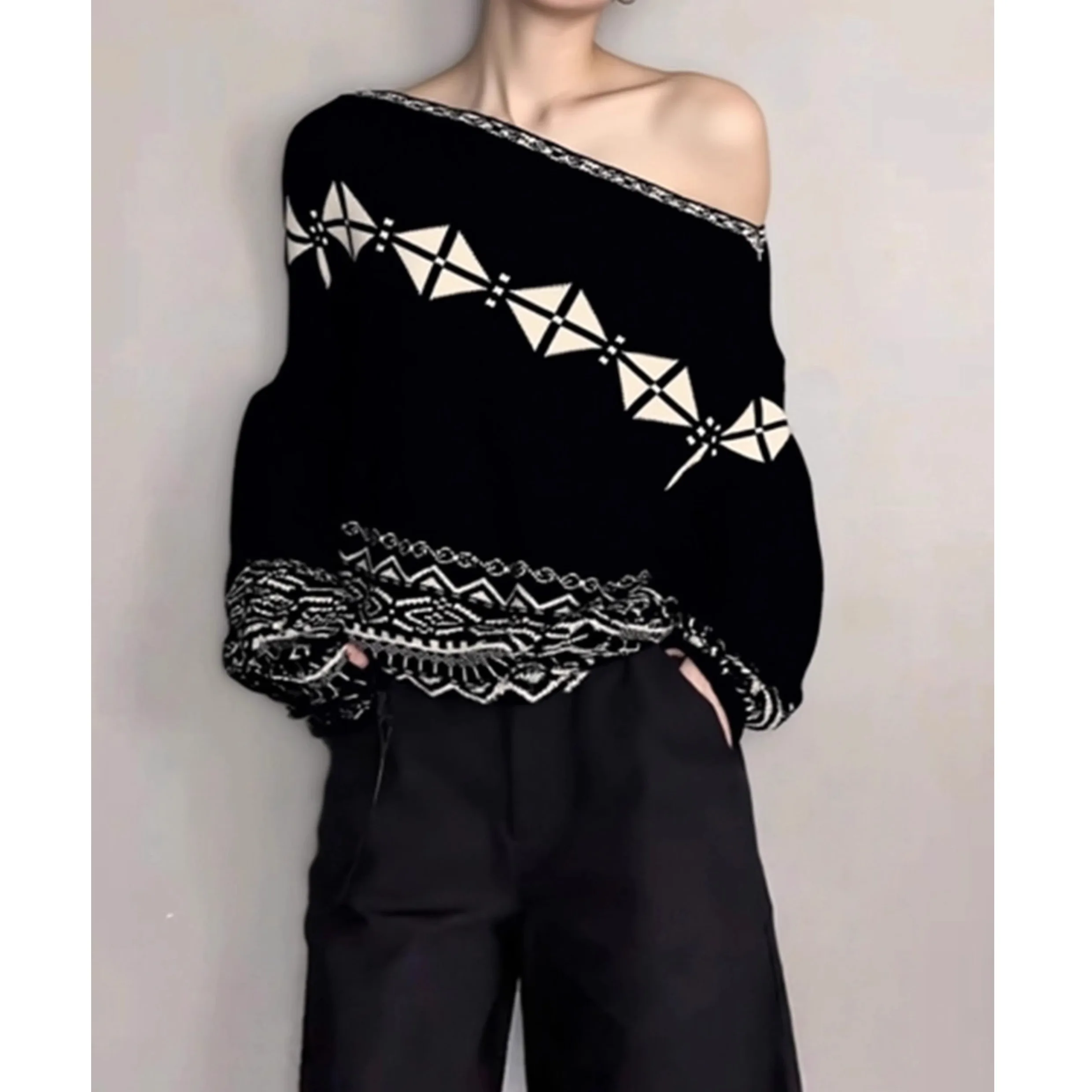 เสื้อสเวตเตอร์ถักไหมพรมทรงหลวมสไตล์เกาหลีสำหรับผู้หญิง ดีไซน์หรูหรา สไตล์ลำลอง แบบคลุมไหล่ ทรงหลวมคลุมทั้งตัว